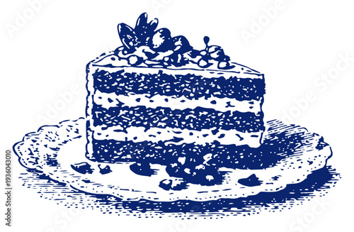 Slice of layer cake on a decorative vintage plate