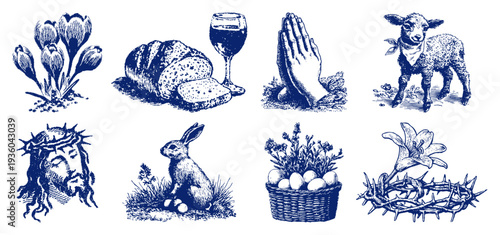 Collection of various christian and spring icons in vintage style