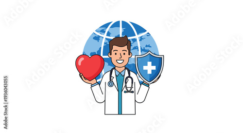 A cheerful cartoon doctor in a white coat holds a red heart and a blue shield with a white cross in front of a blue globe.