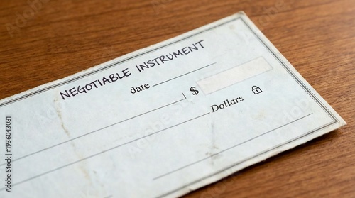 Blank Negotiable Instrument Check Ready to be Filled Out on a Wooden Desk.