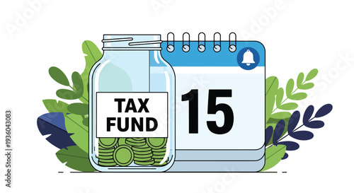 Modern vector illustration of savings jar labeled tax fund beside calendar reminder icon. Budgeting strategy and responsible financial preparation concept