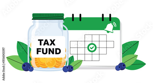 Modern vector illustration of savings jar labeled tax fund beside calendar reminder icon. Budgeting strategy and responsible financial preparation concept