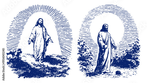 Jesus Christ walking and standing with divine light in vintage woodcut style illustration