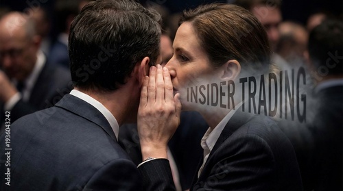 Businesswoman whispering illegal insider trading secrets to a male colleague in a corporate setting.