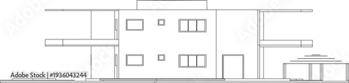 Technical architectural elevation drawing showing modern building facade with rectangular windows, clean lines and minimalist geometric design in black and white.