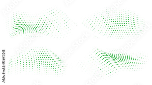 Green halftone dotted wave vector background, abstract flowing particle surface forming modern organic motion design, perfect for eco branding, tech startup websites, presentation slides,