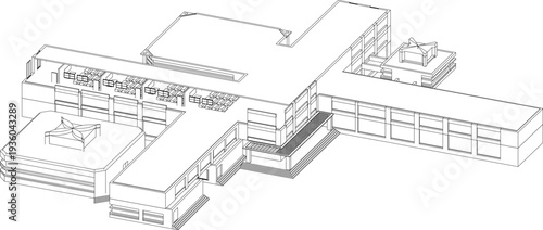 Technical isometric architectural drawing showing modern building complex with multiple wings, angular design and site layout in black and white line art style.