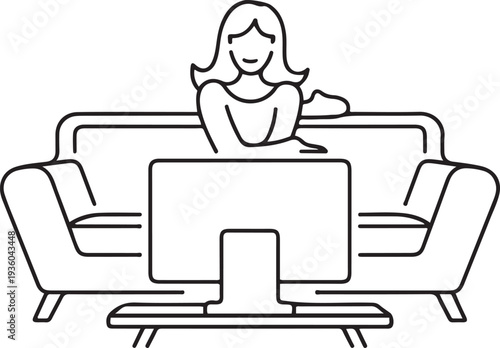Hand drawn line illustration of a woman sitting on a sofa watching television, one line art icon drawing vector