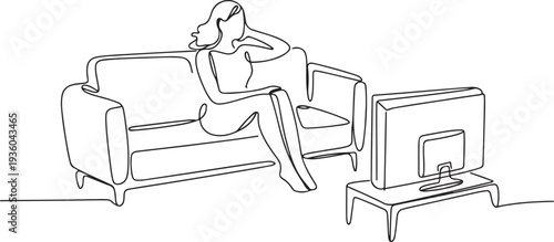 Hand drawn line illustration of a woman sitting on a sofa watching television, one line art icon drawing vector