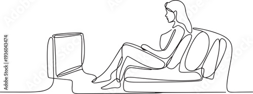 Hand drawn line illustration of a woman sitting on a sofa watching television, one line art icon drawing vector