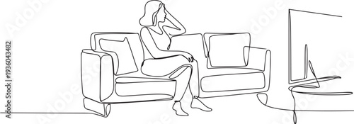 Hand drawn line illustration of a woman sitting on a sofa watching television, one line art icon drawing vector