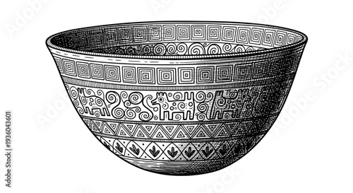 Ancient Ceramic Bowl with Intricate Geometric and Figurative Patterns