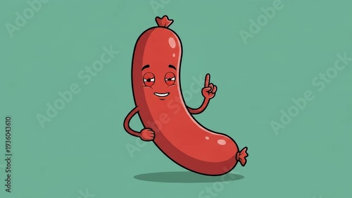 Cartoon sausage character with sleepy eyes, raised finger, and arms on a teal backdrop