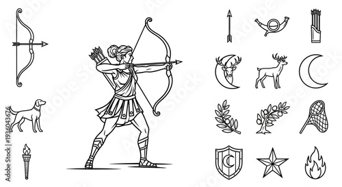 Ancient Greek Archer Woman with Hunting Symbols Vector Illustration