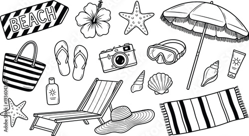Beach summer vacation hand drawn set, seaside travel elements with umbrella chair camera shells flip flops tropical holiday illustration