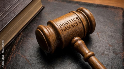 A wooden judges gavel with the words punitive damages engraved on the head resting on a law book.