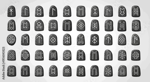 Ancient Norse Runes Carved on Stones, Elder Futhark Alphabet