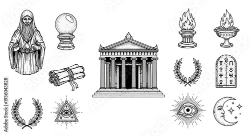 Ancient Symbols and Oracle Elements Collection: Oracle, Temple, Scroll, Eye, Moon