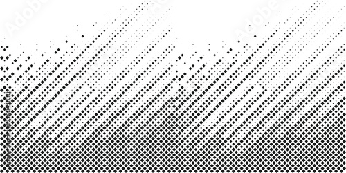 Abstract halftone dotted diagonal wave vector background, black geometric particle grid fading into perspective on white backdrop, modern technology design for presentations,