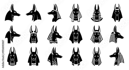 Anubis Egyptian God Icons Set Black Silhouette