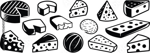 Cheese collection icon set, various dairy cheese types wedges slices and wheels, gourmet food vector illustration pack