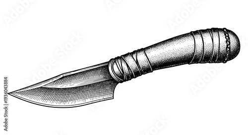 Antique Handcrafted Knife with Wrapped Handle, Vintage Blade Illustration