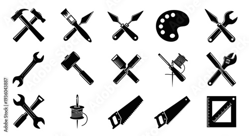 Art and Craft Tools Icons Set: Hammer, Brush, Palette, Saw, Wrench