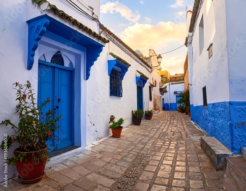 Picturesque blue and white alley in Asilah, Morocco at sunset.