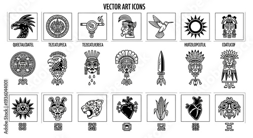 Aztec Mayan Vector Art Icons: Gods, Symbols, Animals, and Culture