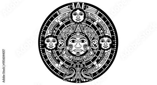 Aztec Sun Stone Calendar Icon, Ancient Mesoamerican Symbol, Black and White Illustration