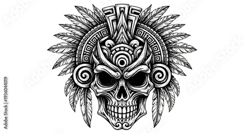 Aztec Skull Headdress Tattoo Design Vector Art