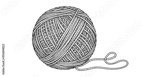 Ball of Yarn with Loose Thread - Black and White Drawing