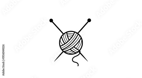 Ball of Yarn and Knitting Needles Icon, Simple Line Art, Crafting Symbol