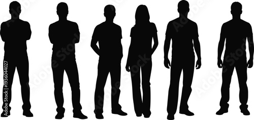 Diverse people standing silhouettes vector set isolated on white background