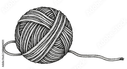 Ball of Yarn with Loose Thread, Hand-Drawn Illustration