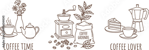 Coffee time illustration set, hand drawn coffee beans grinder moka pot cup cake and teapot vintage cafe line art