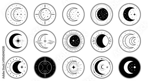 Celestial Moon Phases Icons Set - Cosmic Crescent Lunar Symbols