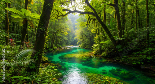 A serene and vibrant forest with a winding turquoise river flowing through it
