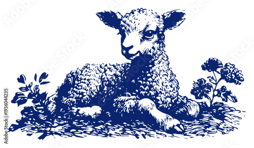 Innocent young lamb lying in the grass in vintage woodcut engraving style