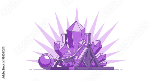 Crystal Powered Trebuchet Illustration, Fantasy Siege Engine Concept