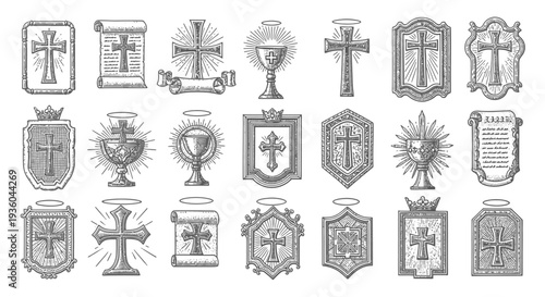Christian Symbols Collection: Crosses, Chalice, Scroll, Holy Communion Icons