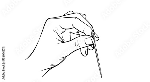 Close-up Hand Holding Sewing Needle with Thread, Line Art Illustration