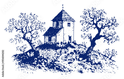 Old church on a rocky hill surrounded by gnarled trees in vintage engraving style
