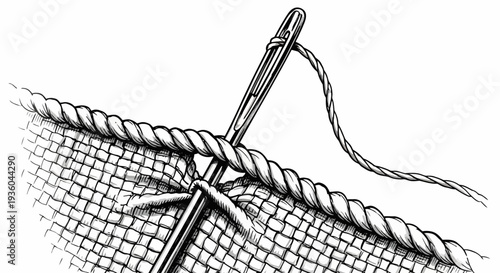 Close-up of needle and thread stitching a thick rope onto netting