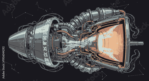 Cutaway Illustration of a Complex Jet Engine Design