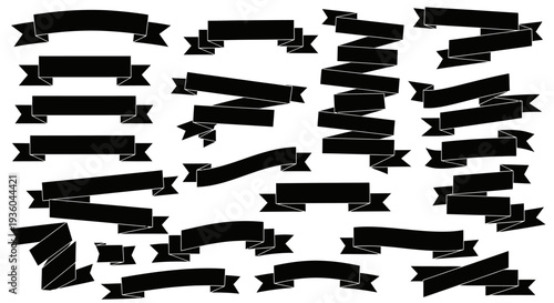 Collection of Black Ribbons and Banners, Isolated on White Background