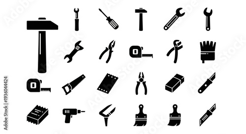 Collection of Black Tools Icons Set - White Background