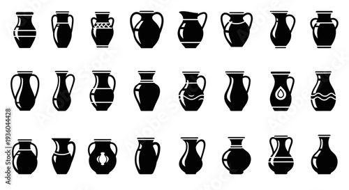 Collection of Black Ceramic Jugs and Vases, Isolated on White Background