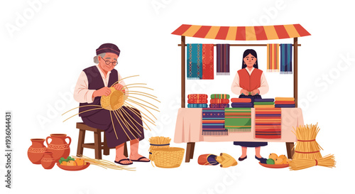 An elderly artisan meticulously weaves a straw basket while a younger vendor sells colorful handmade textiles at an outdoor market stall.