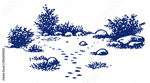 Rustic landscape illustration featuring a path through rocky terrain and bushes